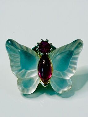 VTG Frosted Glass Dainty Pink Stone Butterfly Pin with Iridescent Wings